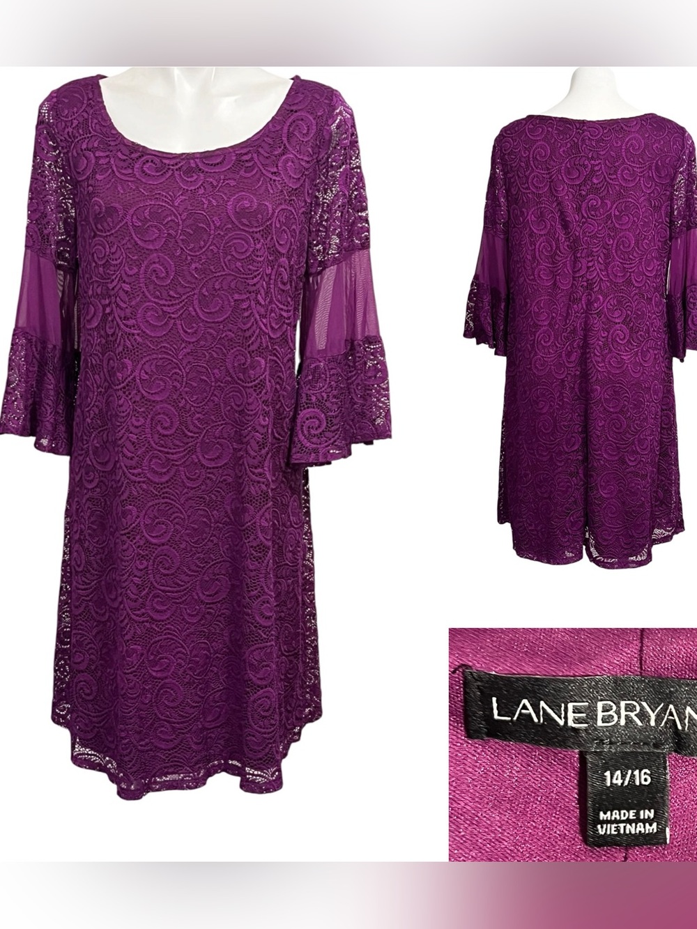 Lane Bryant Dress 14/16 Purple Lace Bell Sleeve lace overlay cocktail plus size